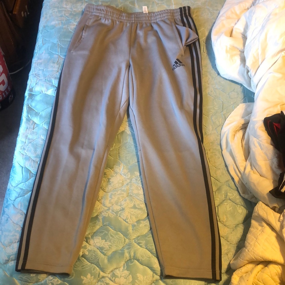 Classic gray/black stripe adidas joggers button up